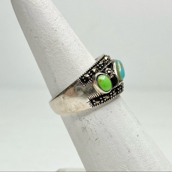 Sterling 925 Boho Marcasite Turquoise Blue Onyx Jasper Agate Ring Size 6 - Picture 5 of 14